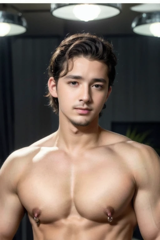 hyperrealistic oil painting by Alphonse mucha and greg rutkowsky and Charles Dana Gibson, majapahit prince, age 22, of A muscular man, wearing harness, bodybulder, sweaty body, white pale redish skin, mixes faces between Shia LaBeouf and will smith, character study as kamandanu in tutur tinular movie, clean shaven, black wide areolas, big pointy puffy nipple, mythology, intricate detail, studio lighting, medium shot, shoulder angles, handsome, masculine, mix race between sudan and Arab, closeup model portrait, golden ratio face, small smile, mid back length hair, natural scene, coconut tree landscape countryside, bokeh background, expert, 8k resolution, studio portrait, soft light, rim lighting, photorealistic, cinematic lighting, masterpiece, high details, high quality,