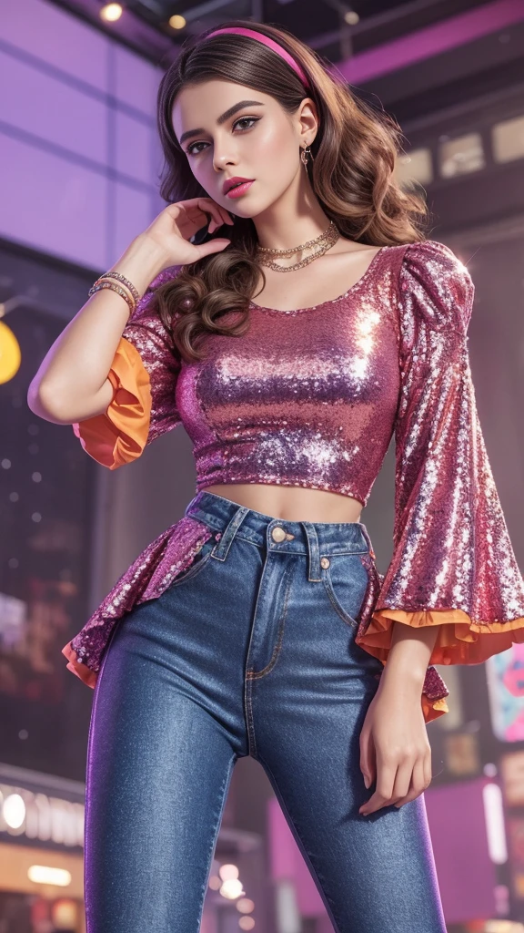 Best quality 8k Young woman, ultra realistic retro style, with 80s dress clothes pieces with many colors, SPARKLES, Sequins, puffy sleeves, pochetes, leggings and lots of style.with vibrant colors like orange, Unripe, rot, purple, pink and blue, jeans, shine and textures.
Typical 80's scenario This one centers in the middle.