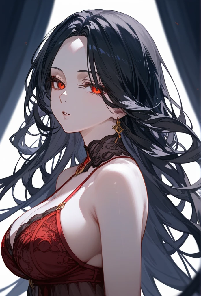 masterpiece, Score_9, Score_8_up, Score_7_up, rear view, 1 woman, alone, black hair, long straight hair, long parted bangs, gold and red eyes, squinted slanted eyes, parted lips, expressionless, pale skin, large breasts, top body, upper body, full body
Long open bangs, with a mole under the mouth,No bangs, layered hair, in lingerie