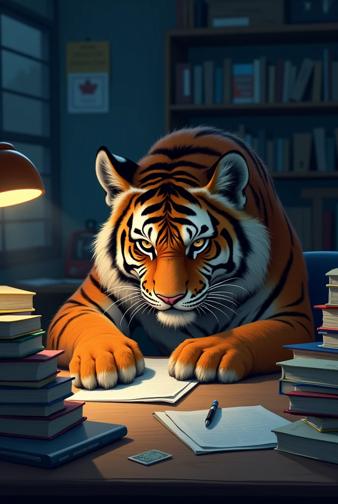 Create a college tiger studying at night, with his face of concern and sadness, It is noticeable that he is busy and has many books