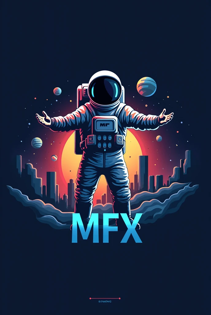 Create a logo for a company focused on the forex industry, used financial chart candles and also using an astronaut with open arms along with the name MFX 

