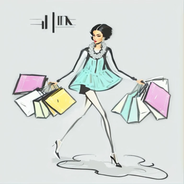 a close-up of a faceless woman with short hair walking with shopping bags in her hand, storefronts, luxury fashion illustration, !! very coherent!!, Illustrative!!, fashionista, fashion illustration, by Daphne Allen, by Emma Rios, luxury fashion, by Edna Mann, stores, !!!! very coherent!!!!