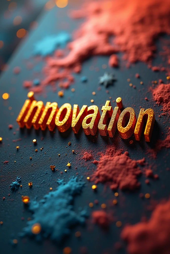 Colour full artistic enigmatic Invitation card for an exibition on which the word innovation is written in 3d and stylish and modern way in golden font only