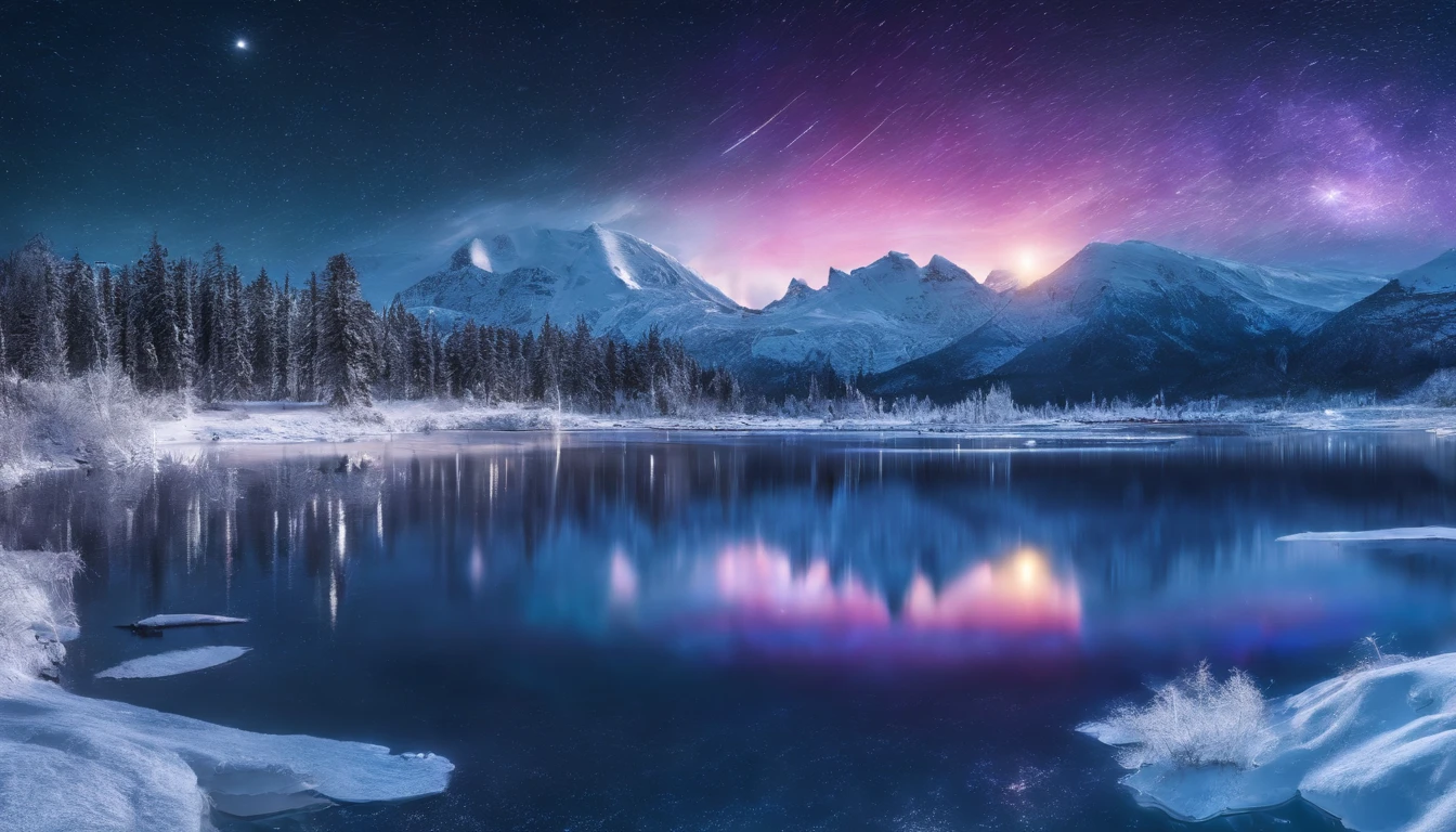 frozen lake lake, night, stars in the sky, moon, severe frost, frost, snowing, 4k, high resolution, high detail, random angle, hyperrealism, 300mm, f/10.0,1/1600ms, HDR