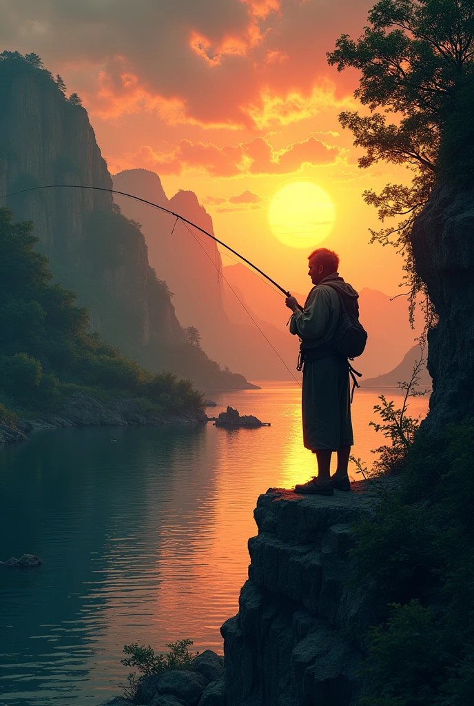 create a print for a black t-shirt, of a man fishing alone, in a lush place, with the landscape in the background and the sunset, the man has to be on the cliff and not in a boat