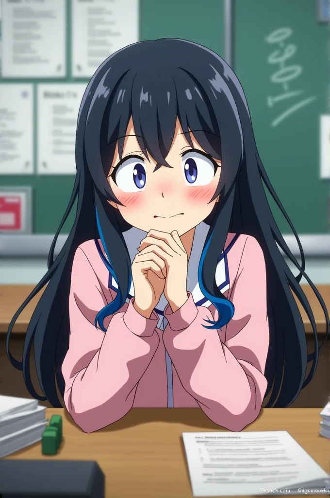 Screenshot of my hero academia. Black haired girl with blue highlights cute silly face sitting at a desk