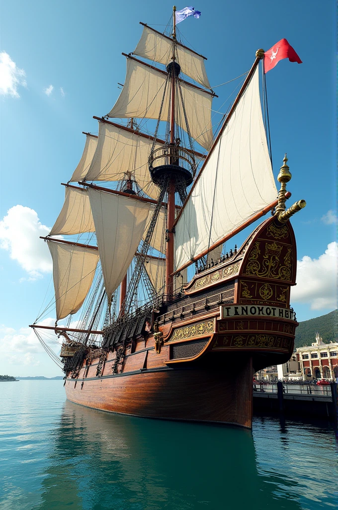 A large ship with lots of goods, the ship is made of fine wood and has beautiful masts, The name of the ship is Legacy, it is in Puerto Rico and is very elegant.