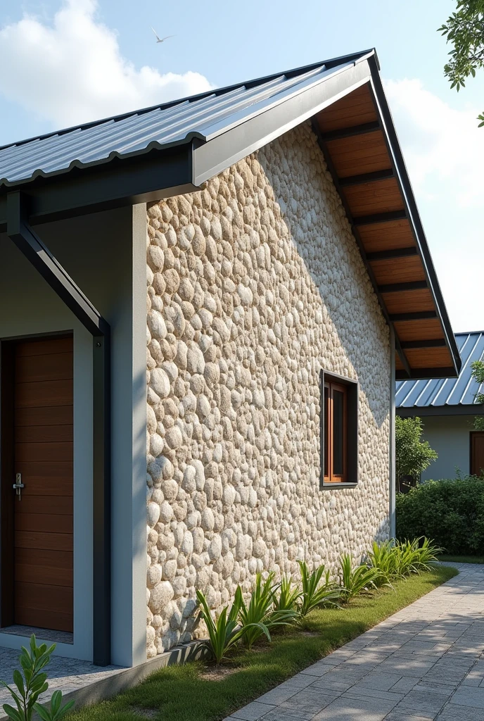 generate an hd realistic 3d wall thermal insulation made out of oyster shells (talaba) from the Philippines. it's an innovation. make it advanced. make the oyster shell more prominent and not thoroughly mixed and compacted. make it a whole image and more advanced equipment. what it looks like when it is used and is functionable. make the house like typical Filipino house where the roof is made out of metal roofing. attach the insulation to the roof or walls to see what it looks like. don't put it through out the house. make the equipment or insulation stand out more
it is made out of oyster shells. make it look like a really insulation with advanced features