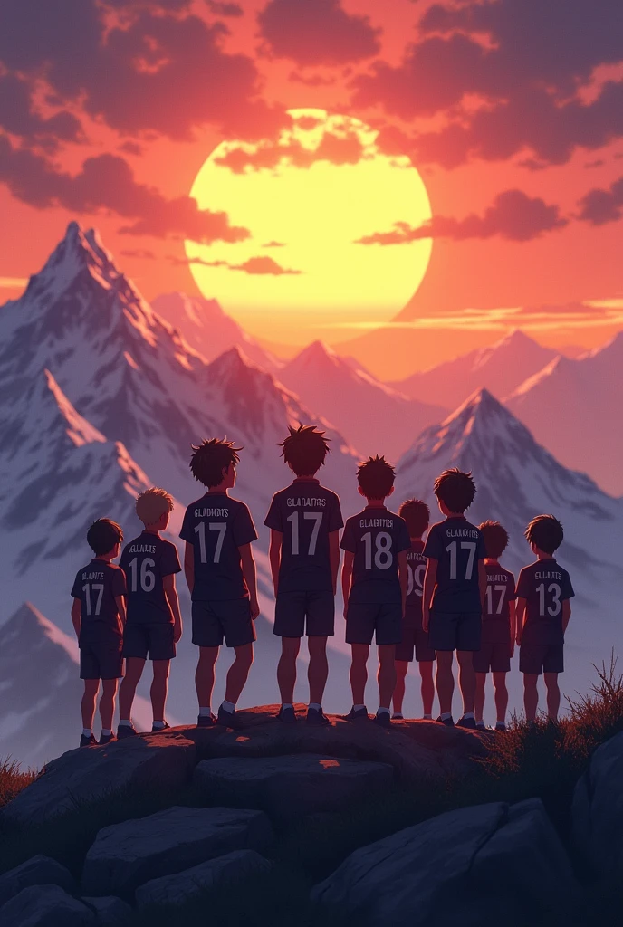  boys standing in the tip of the mountain and seeing sun rise also gladiators written on their shirts in large text also give them random number on their shirts