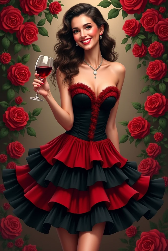 A woman wearing a skirt with 7 black and red ruffles, smiling with a glass of wine in hand and lots of roses around