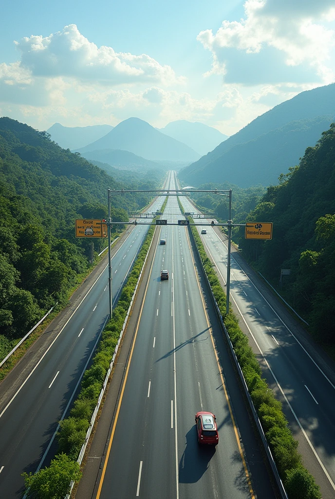 draw a runway with two express lanes and two side lanes express lanes should be two-way: Rio de Janeiro and Sao Paulo.
the length of the runway must be 26 km at the end of the runway heading towards Rio de Janeiro there must be a barrier with the name of "Arujá"
the margins must have 4 entrances and 4 exits by needles in both directions; the track must also have handles