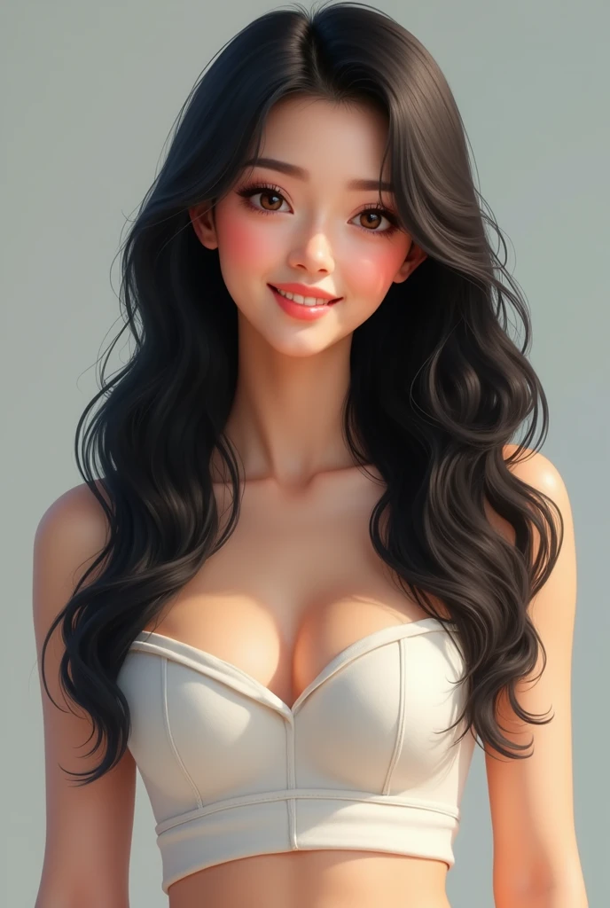Create a woman with a very good body and perfect face, very black hair, skin very white, long eyelashes, thick, pink lips, light brown eyes, small waist, flat stomach, and beautiful smile, full body, is from the united states