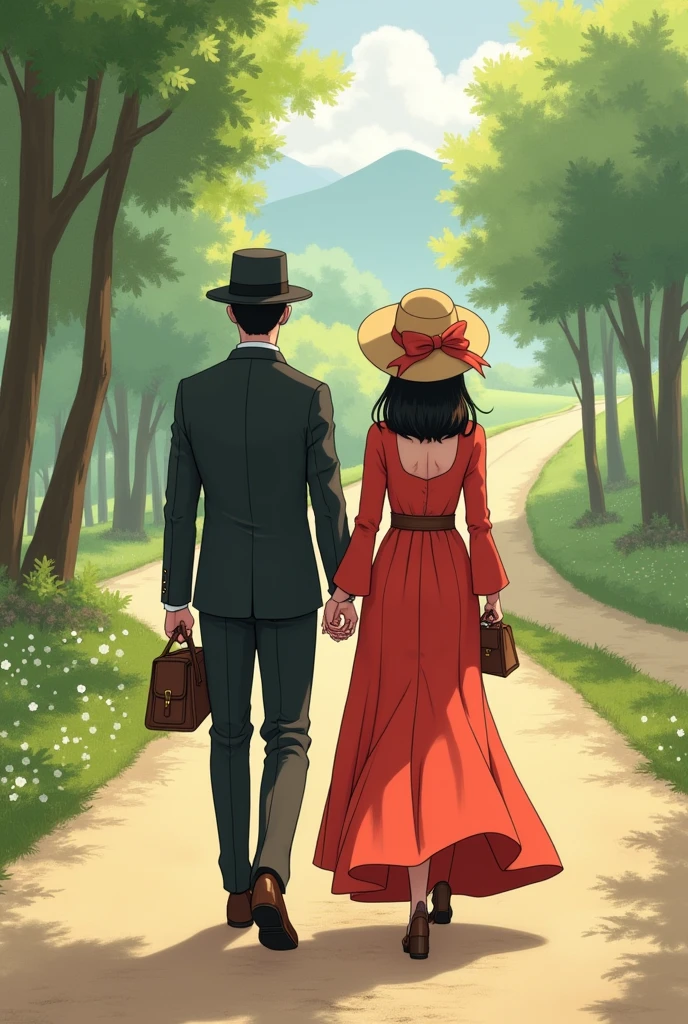 Drawing of a couple from behind walking along a beautiful road. The woman is wearing a very decent, conservative and colorful gode dress., without leaving the body exposed, long sleeved and hat with bow on the head, medium hair and side bag. The man is wearing formal clothes and a hat and has a bag on his side.. They are holding hands