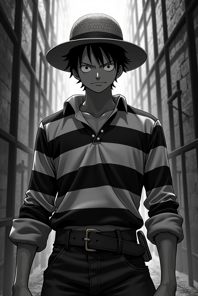 Monkey D. Luffy in a black and white striped long-sleeved prison uniform