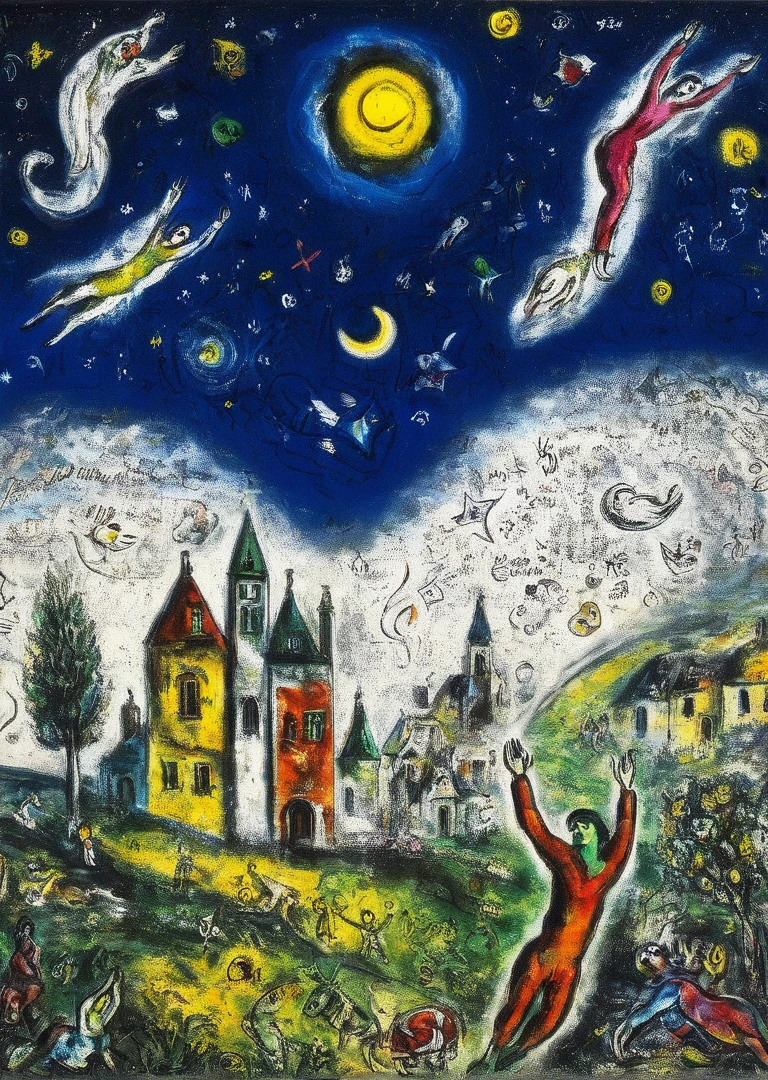 a starry sky, ((Marc Chagall style)), magic naive art, primitivism, protogen, , ((best quality, Masterpiece)), ((Highest detail)), RAW:1,1, 8k