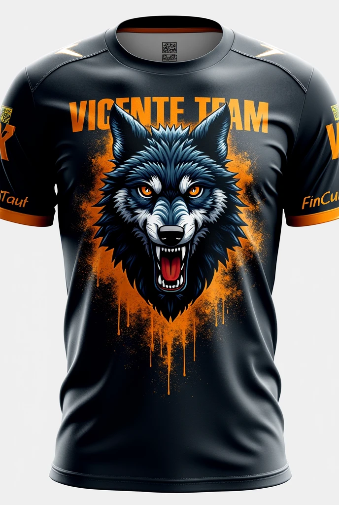 Make a team shirt with a wild wolf logo and the name Vicente team