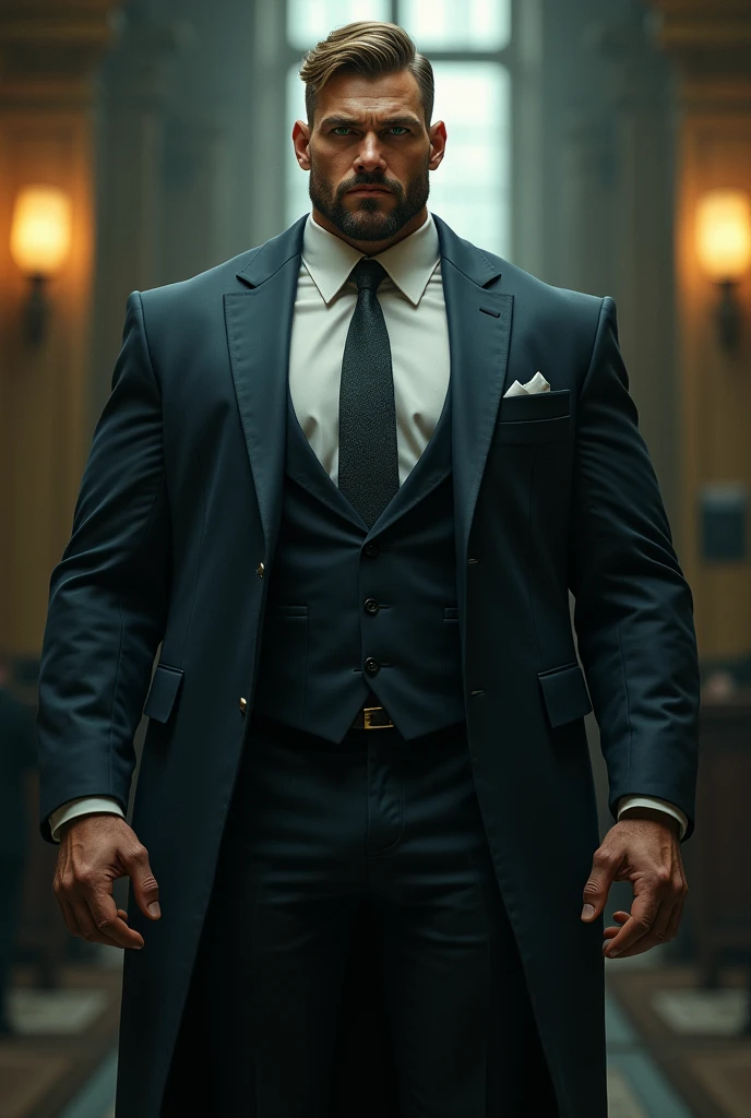 A very tall ,muscular man with green eyes ,very dark ash blonde hair wearing a suite.