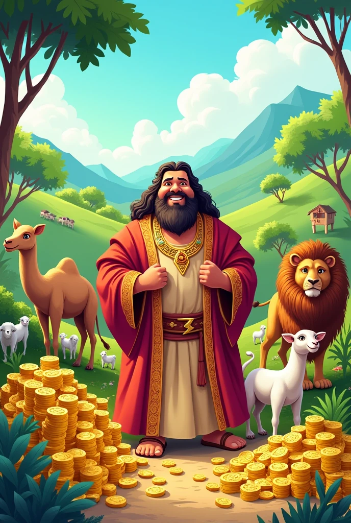 Cartoon image of Job from the Bible with riches and animals 