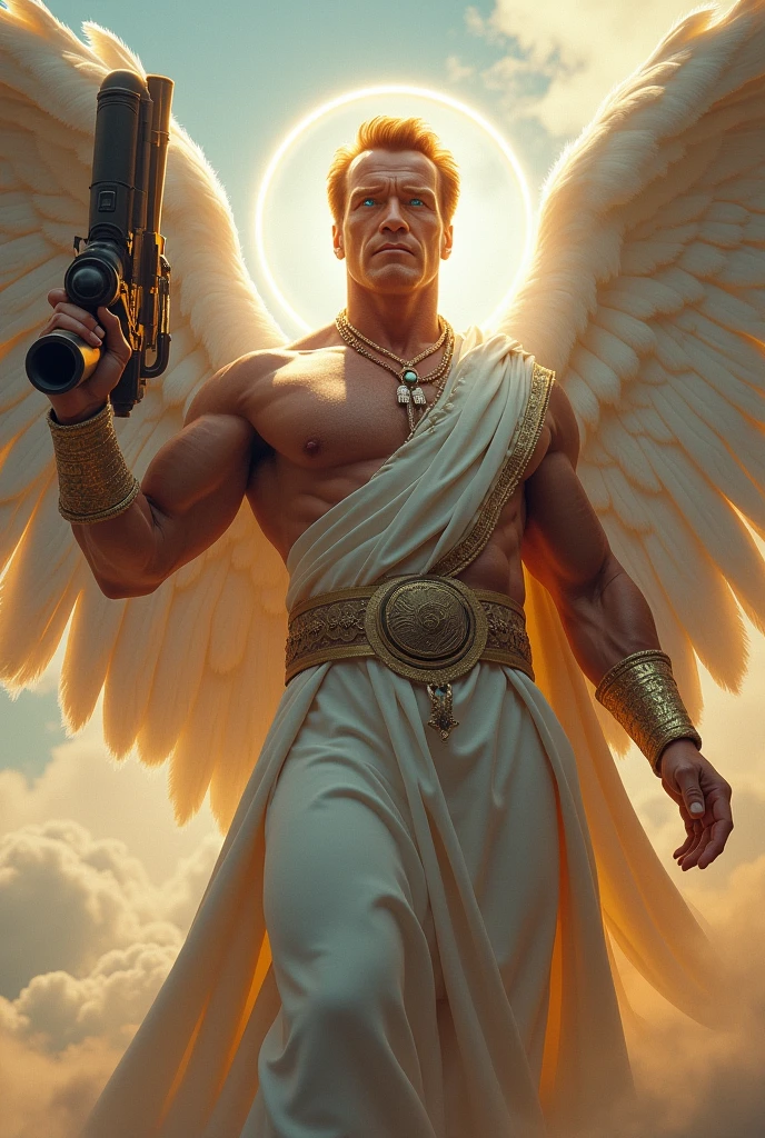 Arnold Schwarzenegger as a guardian angel with a bazooka