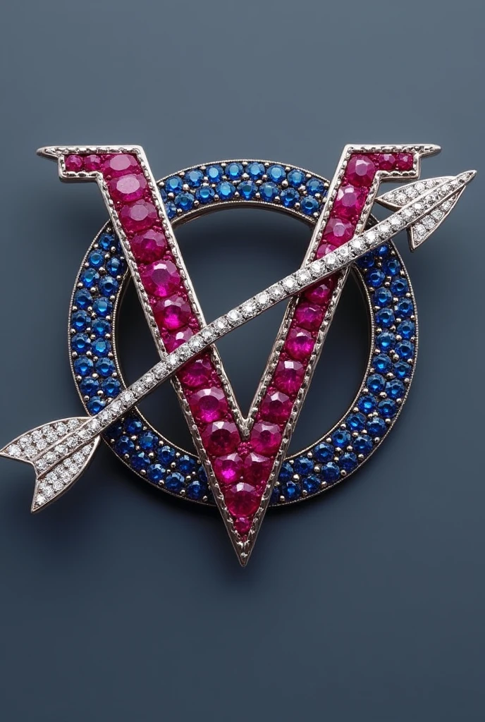 A brooch with A letter having blue sapphires and V letter using rubies. And an arrow going through them made using diamonds. Make the design inquisitive and subtle. It should have fluidity and modernism. Yet a spark of classic