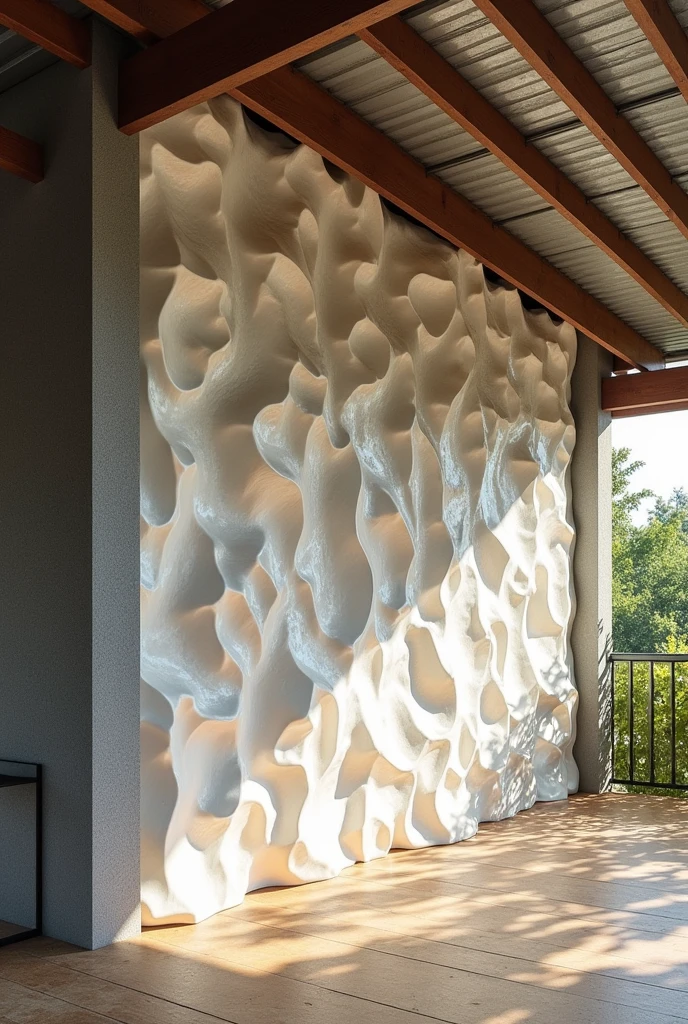 generate an hd realistic 3d wall thermal insulation made out of oyster shells (talaba) from the Philippines. it's an innovation. make it advanced. make the oyster shell more prominent and not thoroughly mixed and compacted. make it a whole image and more advanced equipment. what it looks like when it is used and is functionable. make the house like typical Filipino house where the roof is made out of metal roofing. attach the insulation to the roof or walls to see what it looks like. don't put it through out the house. make the equipment or insulation stand out more
it is made out of oyster shells. make it look like a really insulation with advanced features . oyster shells.