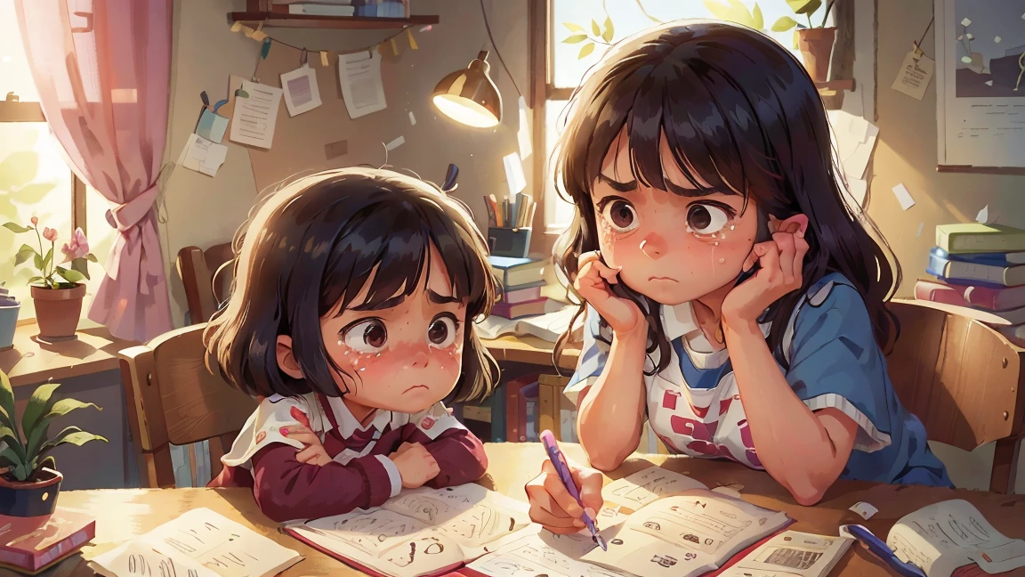 A mother and an -year-girl the study，Girl frowning、With tears in my eyes，The homework book in front of me has several blank questions.，The mother stood beside her with an anxious look on her face.。