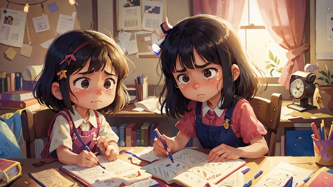 A mother and an eight-year-old girl in the study,Girl frowning、With tears in my eyes,The homework book in front of me has several blank questions.,The mother stood beside her with an anxious look on her face.。
