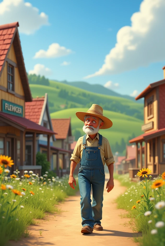 A sunny day on the farm just a 70 year old farmer walks downtown pixar style 