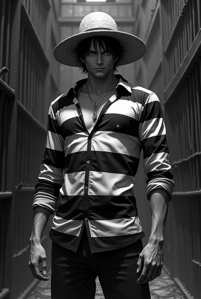 Monkey D. Luffy in a black and white striped long-sleeved prison uniform