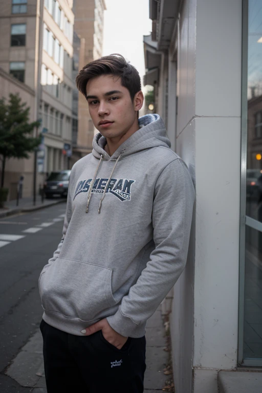 slightly muscular teenage male wearing a hoodie,1.80, He was standing in front of a building with his hands in his pockets. 