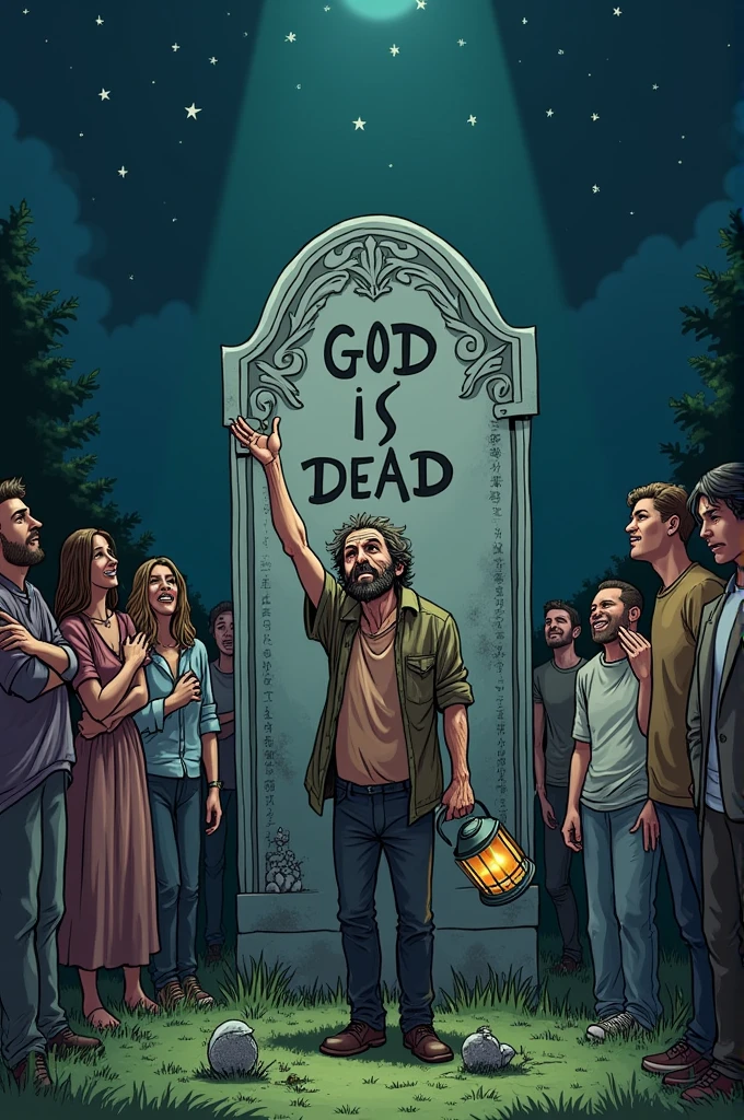 For the cartoon, You could draw a grave with the inscription "God is dead". around the grave, You can show people reacting in different ways: some crying, some laughing and others just confused. In the middle, you could draw the crazy man with a broken lantern at his feet, looking up at a dark and empty sky, symbolizing the search for new meanings in a world without God.
