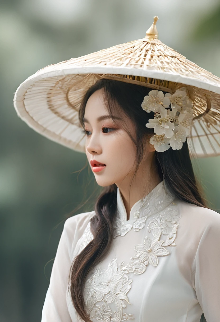 Vietnamese girl in white stylist ao dai costume, gorgeous, sophisticated design, bold fashion, impressive figure, oriental Hoi An scene, cool style, magical shimmering, flying petals, realistic details, extremely detailed, 8K, super realistic, dynamic pose, cinematic lighting, high vivid, 
