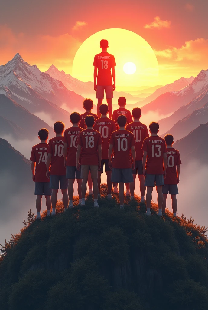18 year olds 11 boys standing in the tip of the mountain and seeing sun rise also gladiators written on their shirts in large text also give them random number on their shirts