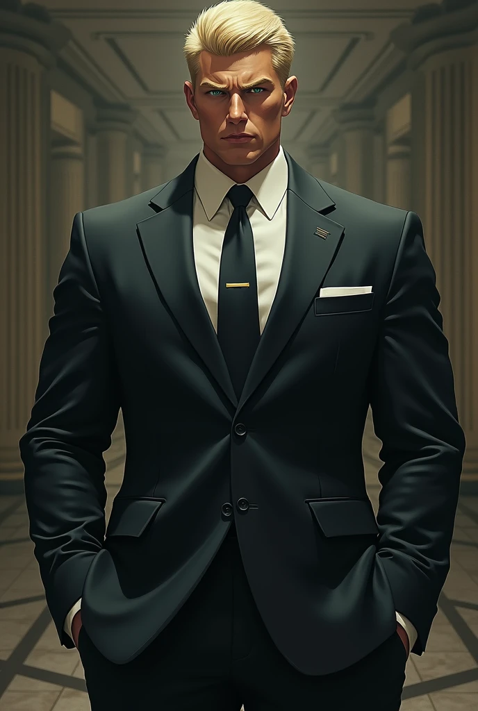 A very tall ,muscular man with green eyes ,very dark ash blonde hair wearing a suite.