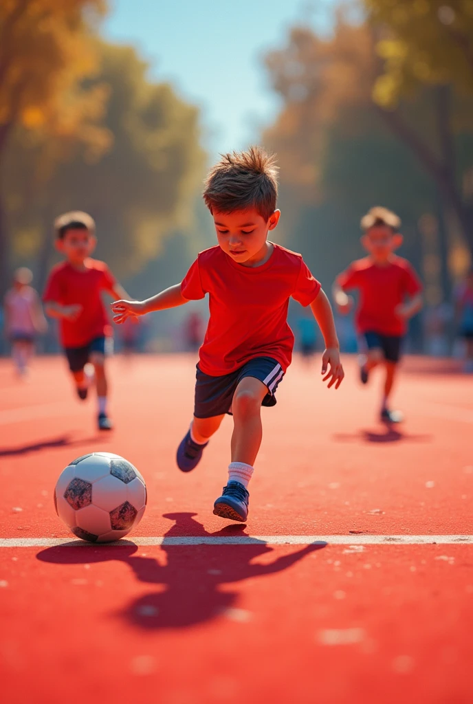 Image of a boy playing soccer with his friends with a glass ball on a red court