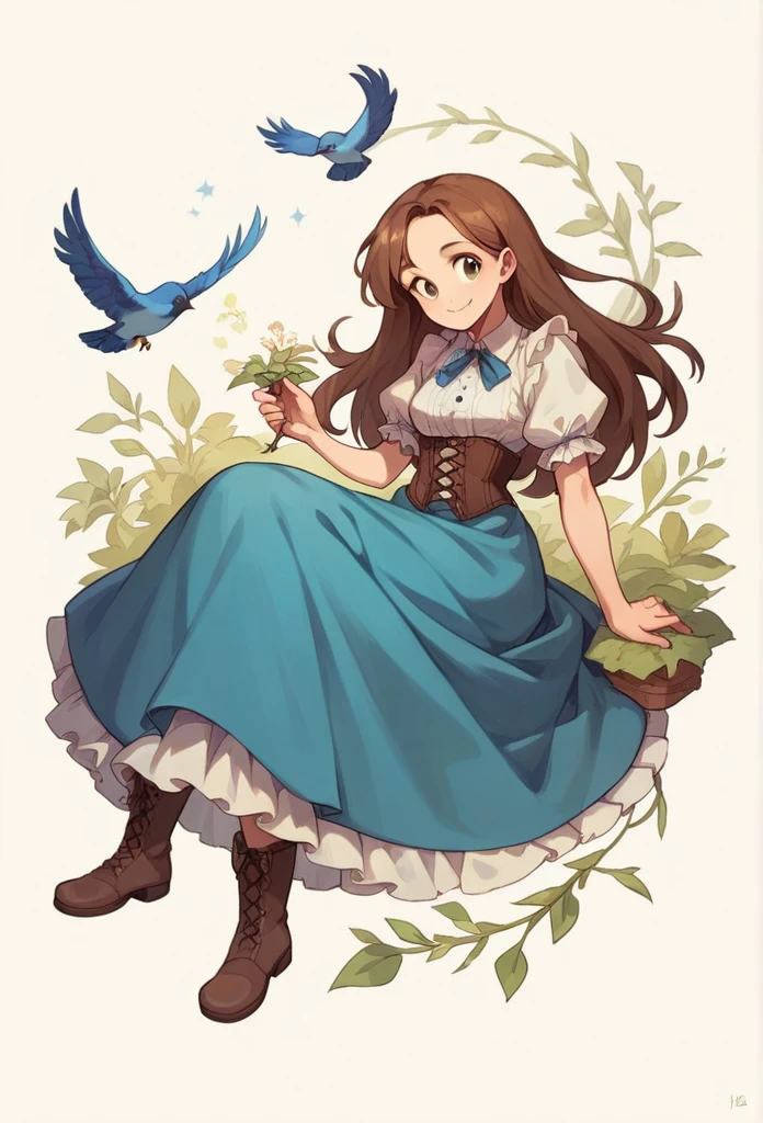 Cute girl, long brown hair, long skirt with corset, frilly blouse, boots, sitting with legs stretched out, smiling, grassland background, holding a small blue bird in her left hand,