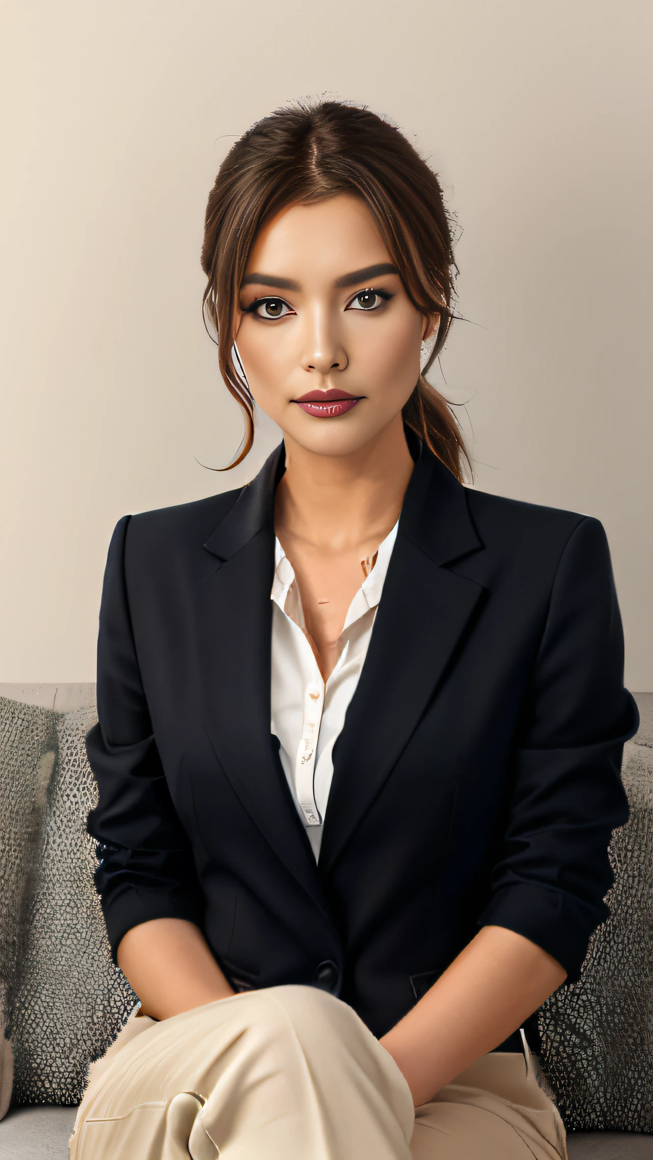 (CRU photo:1.2),highest quallity, ultra-high resolution, Female anchor，sitting not sofa，The presenter wears a red blazer，Wear with a white shirt and black pants。The makeup is delicate and generous，Mostly light makeup，Emphasize the female anchor&#39;s eyes and lips。The shape of the face is round，The eyes are big and funny，Eyebrows curve naturally，plump, Pink Lips。curly hair，Present clean, powerful images。，indoors background