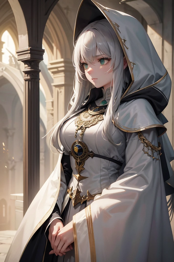 4k, highest resolution, 1 woman, cream colored hair, long hair, green eyes, sisters, grey sacred armor, grey hooded cloak, medieval city, setting sun, cinematic lighting, intricate detailed portrait, hyperrealistic, photorealistic, dramatic lighting, muted color palette, dramatic atmosphere, fantasy, epic, majestic, powerful, mystical, magical