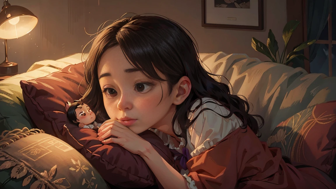 A mother on the sofa at night，Chin on hand，Thoughtful，There is a dim light next to it。