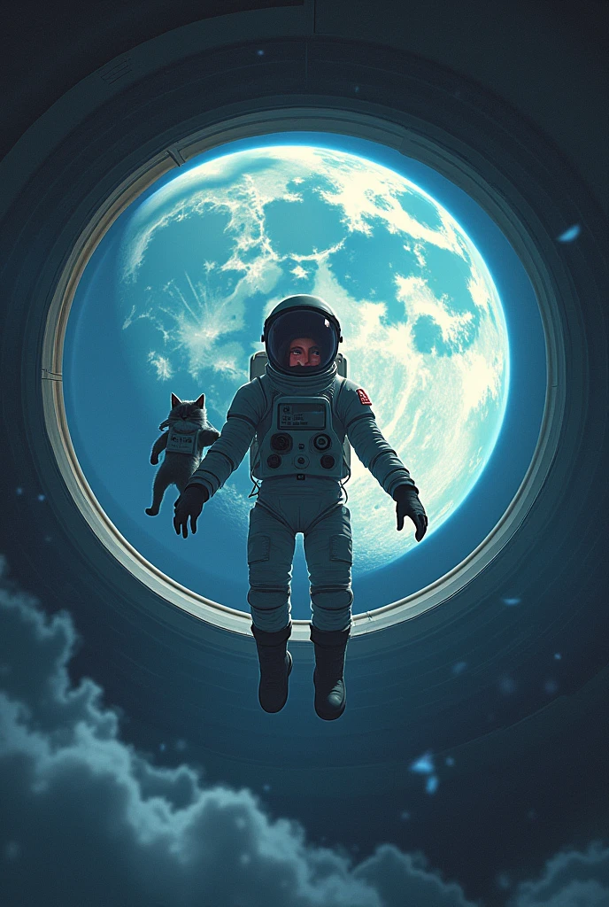 in the spaceship, the floating astronaut with no feeling, the reflection on the helmet is picture of his girlfriend. the cat in spacesuit also floating beside him, the background outside the window of spaceship is earth, realistic, cinematic, loneliness, vibrant, frame ratio 9:16