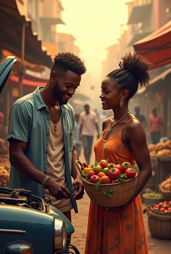 A young Nigerian man at his auto machinek with his girlfriend at the markets buy food items