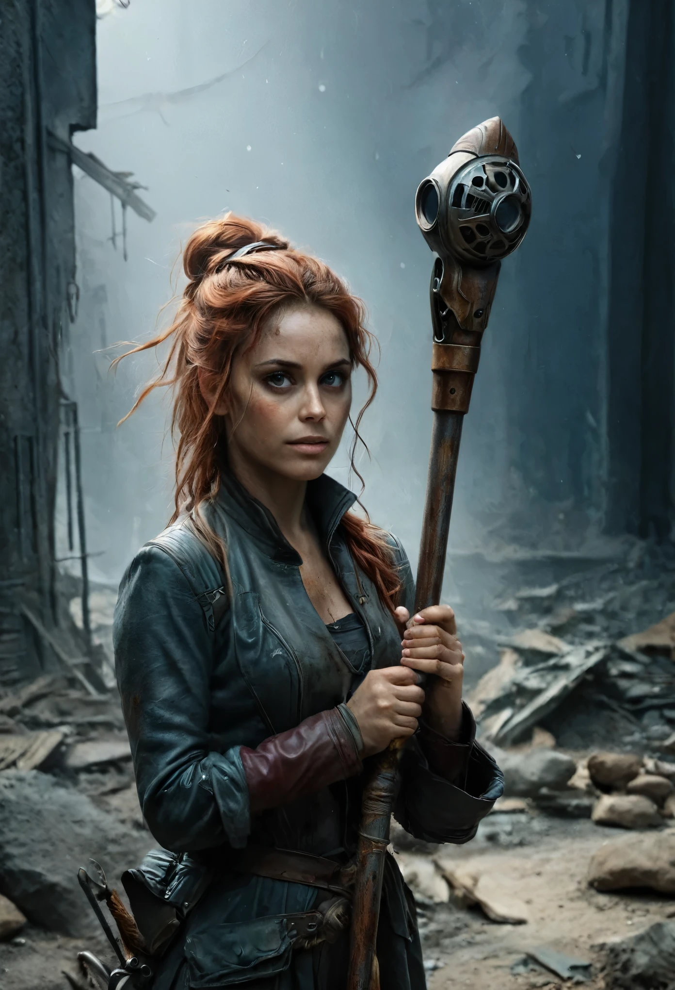 (Realistic:1.2), (whimsical:1.2), ultra detailed, modern analog style, photorealistic cute woman, chestnut hair, tattered outwear, post-apocalyptic, detailed face, beautiful eyes, (shy smile:0.7), (freckles:0.5), holding a big staff, exhausted after another battle, dramatic, faded colours, soft focus, soft naturally lighting, looking directly to the camera, centered image, elegant, approaching perfection, hyper realystic, bokeh, kodak 400 porta film, blured post-apocalyptic background of ruin city includes metal and stone construction  elements 