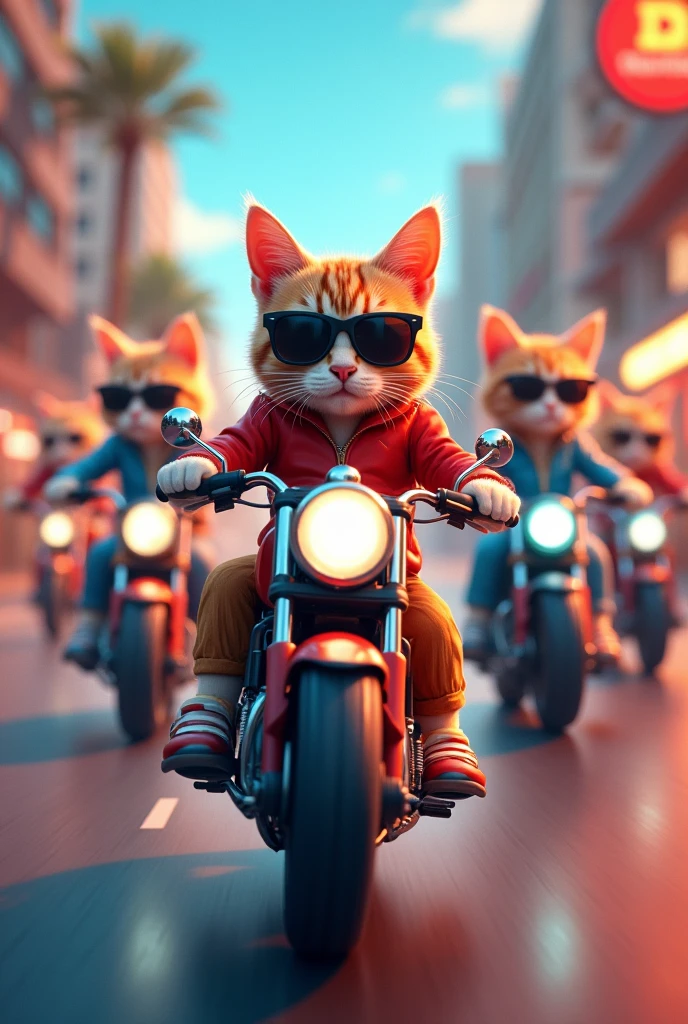 Five female cats wearing sunglasses on five motorcycles