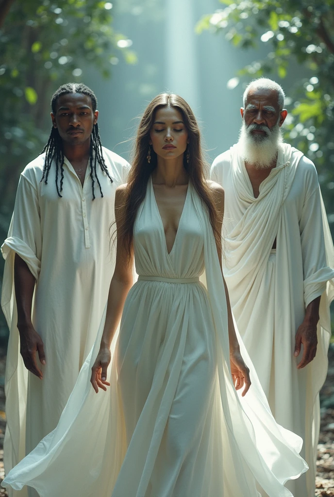 Make a woman wearing white, de olhos fechados. with an indigenous man and an elderly black man in white, behind her, passing on a protective air to her. The image needs to be mystical