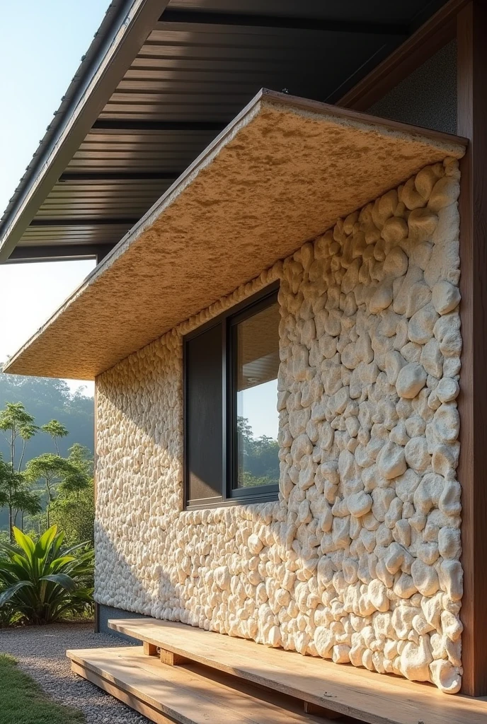generate an hd realistic 3d wall thermal insulation made out of oyster shells (talaba) from the Philippines. it's an innovation. make it advanced. make the oyster shell more prominent and not thoroughly mixed and compacted. make it a whole image and more advanced equipment. what it looks like when it is used and is functionable. make the house like typical Filipino house where the roof is made out of metal roofing. attach the insulation to the roof or walls to see what it looks like. don't put it through out the house. make the equipment or insulation stand out more 
it is made out of oyster shells. make it look like a really insulation with advanced features . oyster shells. thermal insulator insulation 
