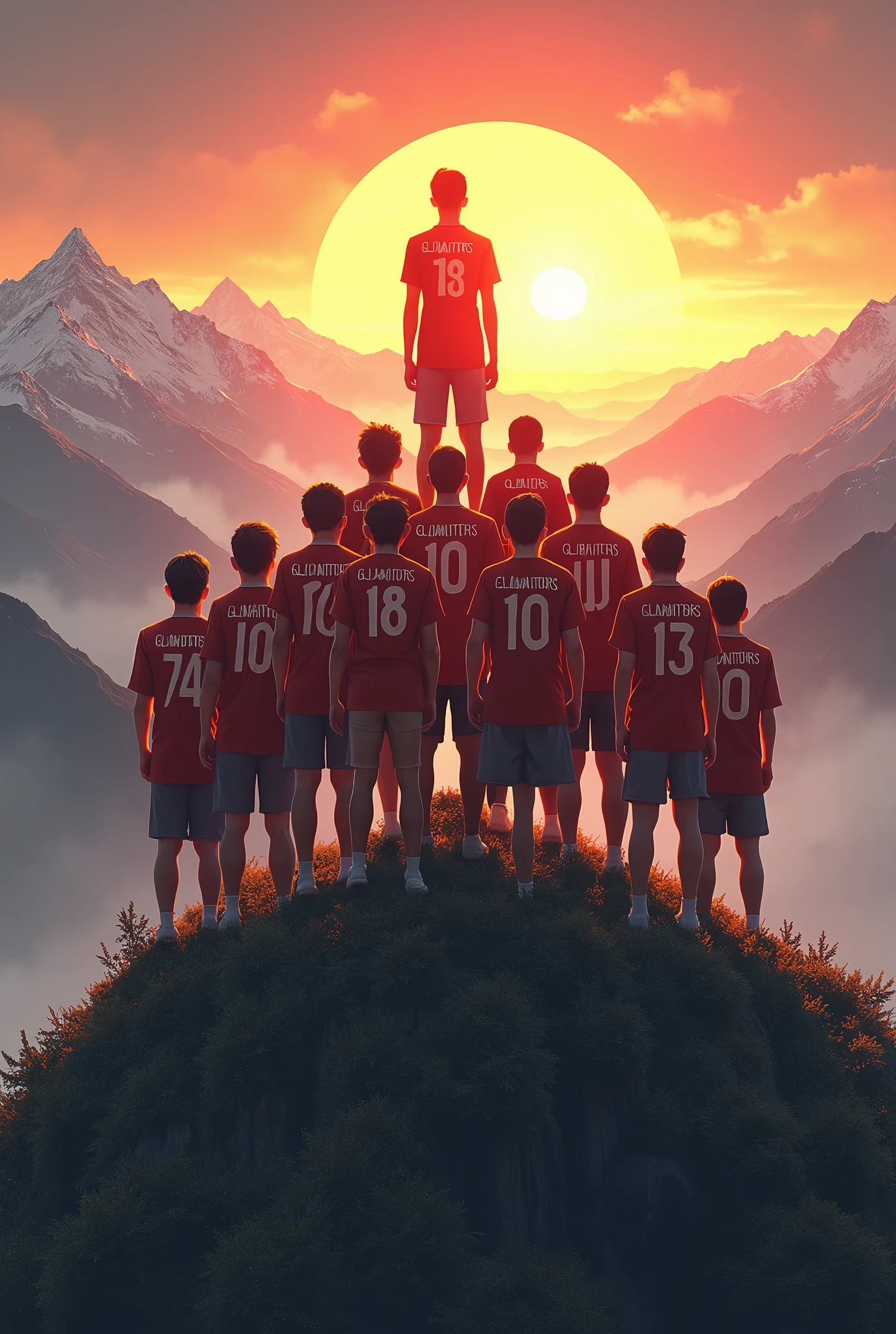 18 year olds 11 boys standing in the tip of the mountain and seeing sun rise also gladiators written on their shirts in large text also give them random number on their shirts