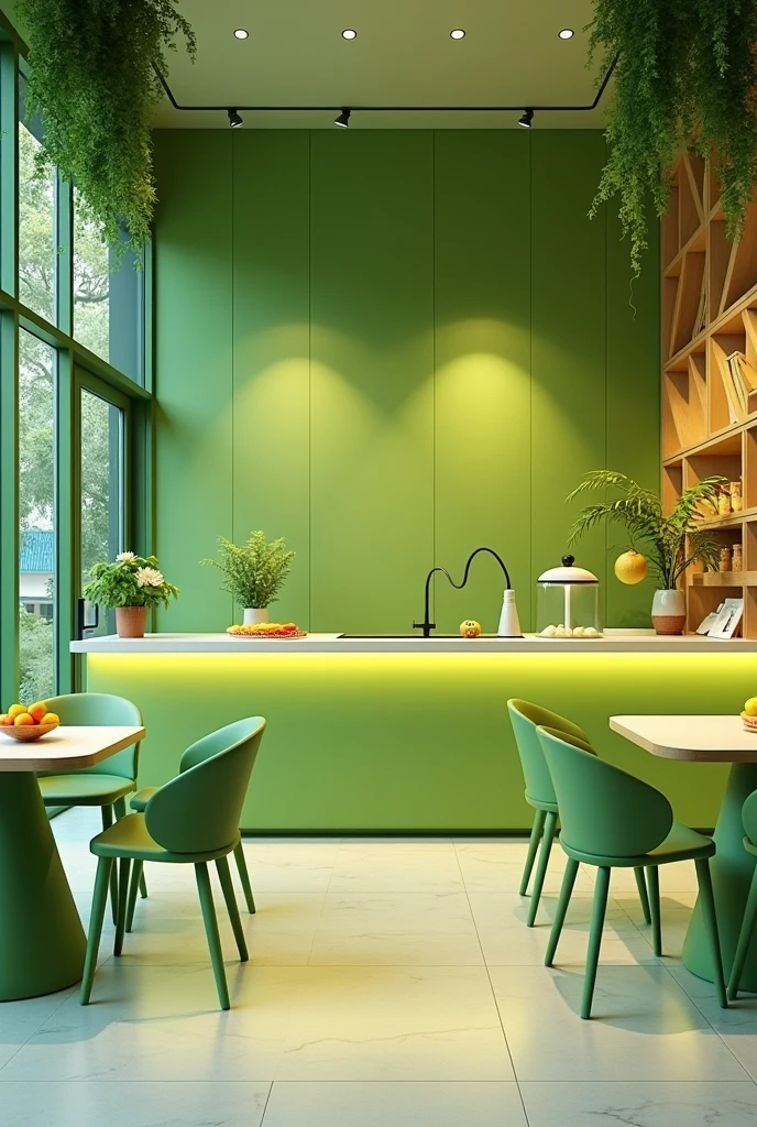 Counter and interior with table and chair of a modern fruit fast food restaurant in green color