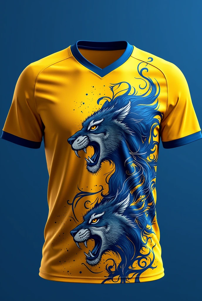 A football jersey style t-shirt, with the colors yellow and royal blue, and animal Tattoo theme