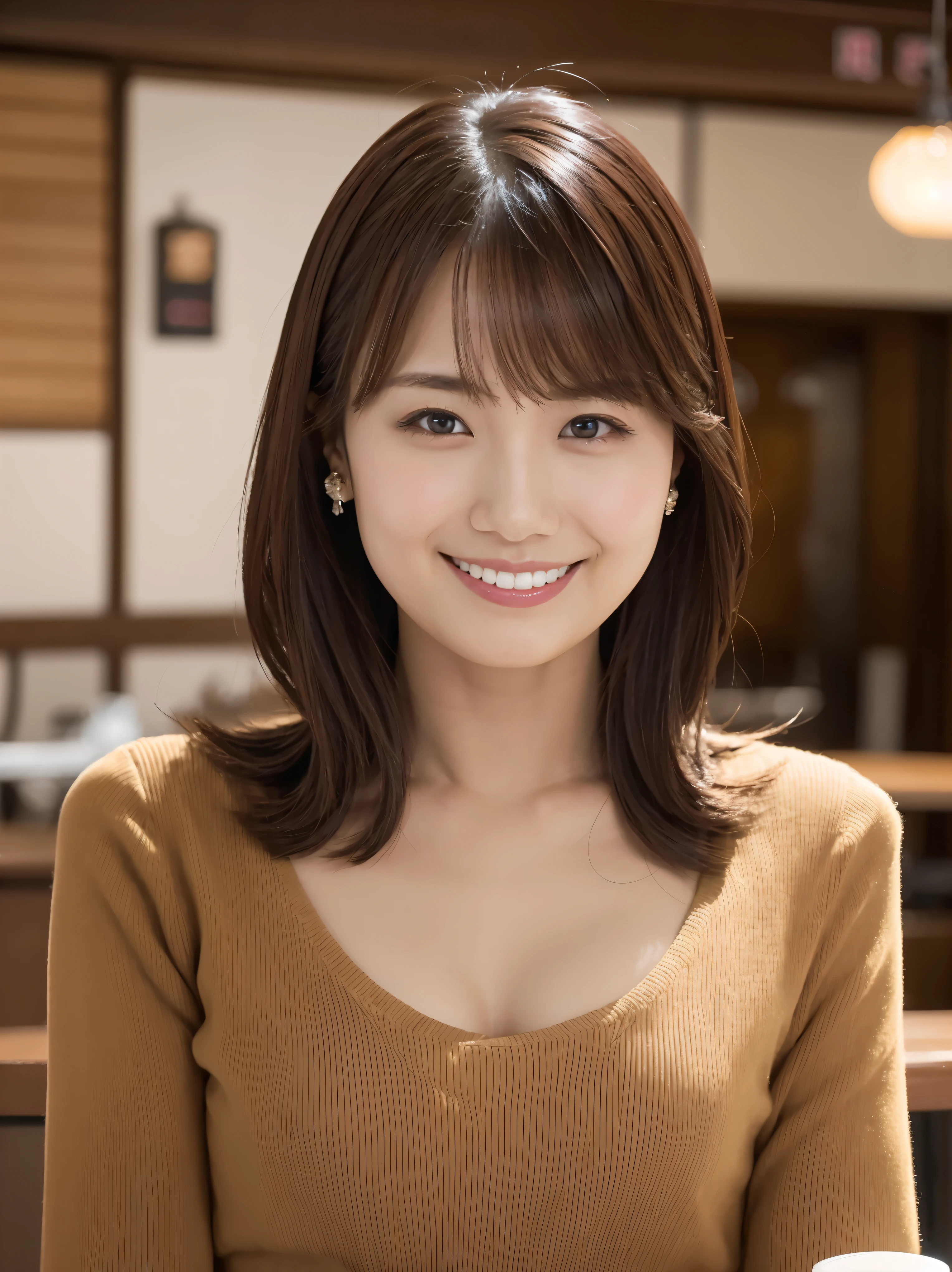 Tabletop, 最high quality, Realistic, In detail, High resolution,Beautiful Japanese Woman,Beautiful attention to detail, Beautiful lip detail, Very detailed顔, Small Head, Small areola, Cinema Lighting, Realistic, 8k, high quality, Very detailed, look at me,smile,(Very short skirt),Long Hair,(coffee shop),(Big Breasts:0.7),whole body, (Breast bulge:0.9),(front図,throw)、whole bodyの姿(Are standing)、front