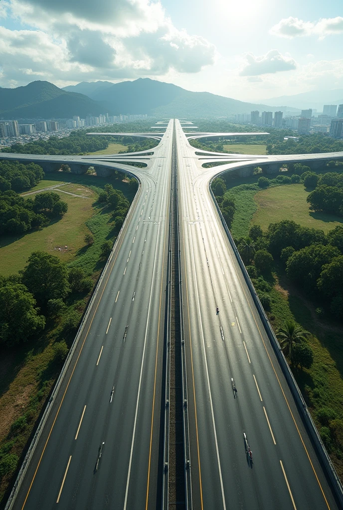 draw a runway with two express lanes and two side lanes express lanes should be two-way: Rio de Janeiro and Sao Paulo.
the length of the runway must be 26 km at the end of the runway heading towards Rio de Janeiro there must be a barrier with the name of "Arujá"
the margins must have 4 entrances and 4 exits by needles in both directions the layout of the tracks must be horizontal the image in widescreen format the track must also have handles